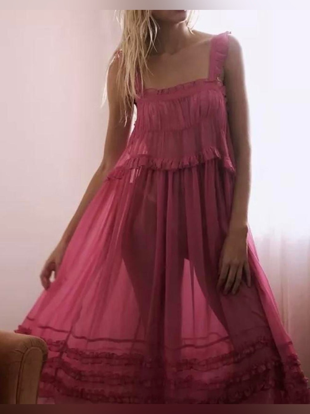 Free People Intimately Moon Phase Ruffle Midi Slip Dress Pink Sheer Size XL